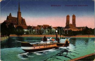 1912 Wroclaw, Breslau; Dominsel mit Kreuzkirche. Verlag S.W.i.B. No. 152. / cathedral island, church, steamship (EB)