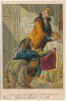 1926 A magyar szent korona elrablása a visegrádi várból 1440. Bilkei Dezső és Radovánovics János, Globus Műintézet / Abduction of the Hungarian Holy Crown. litho (ázott / wet damage)