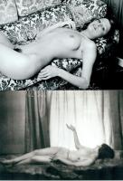 Fekvő akt modellek, kb. 50 év különbséggel (cca 1920 és 1970), 2 db modern nagyítás, jelzés nélkül, 15x21 cm