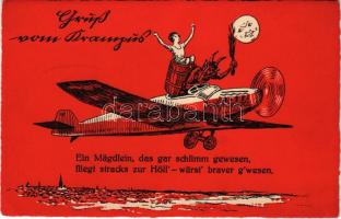 Gruss vom Krampus / Krampusz repülőgépen virgáccsal és hölggyel, Hold / Krampus with airplane, birches, lady and the Moon. ERIKA (gyűrődés / crease)