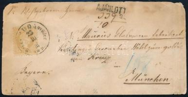 1867 Registered cover to Bayern with light brown 15kr + 2 x 5kr on the back side (on of them damaged), "BUDA 5K LEV. GYŰJDE IND." - "MÜNCHEN". The 15kr tariff in German states were only valid in 1867, very rare piece!, 1867 Bajorországba küldött ajánlott levél rajta halványbarna 15kr enyhén bordázott fejképalappal + hátoldalán 2 x 5kr (egyik sérült, hiányos) "BUDA 5K LEV. GYŰJDE IND." - "MÜNCHEN". A németországi 15kr levéltarifa csak 1867-ben volt érvényben, ajánlott leveleket ebből az időszakból alig ismerünk. Komoly ritkaság!!