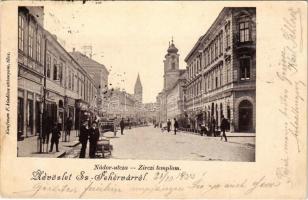1900 Székesfehérvár, Nádor utca, Zirci templom, Café Elite kávéház, üzletek. Kaufman F. kiadása (EB)