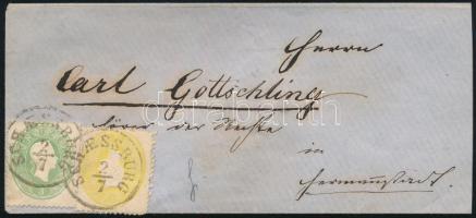 ~1861 2kr yellow + 3kr green on cover "SCHAESSBURG" - "HERMANNSTADT", ~1861 2kr sárga + 3kr zöld dekoratív levélen "SCHAESSBURG" - "HERMANNSTADT"