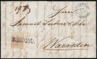 1850 2 x 6kr HPI (az előoldali 5,5 mm ívszéllel, enyhe irattári hajtás, a hátoldali bontásnál elvágva) ajánlott levélen "KARLSTADT" - Varasdin, a bélyegek "RECOM:" bélyegzéssel érvénytelenítve. Ex Demuth. Látványos kiállítási darab!!, 1850 2 x 6kr HPI (slight fold, cut in the back when opened) on registered cover "KARLSTADT" - Varasdin, the stamps with "RECOM:" postmark. Ex Demuth. Stunning exhibition piece!