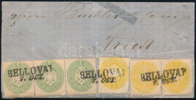 1863 3 x 2kr + 3 x 3kr (egy bélyeg sérült) levéldarabon "BELLOVAR" - Triest. Sign: Diena (...