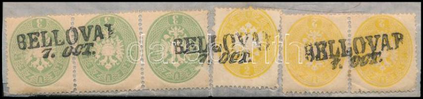 1863 3 x 2kr + 3 x 3kr (egy bélyeg sérült) levéldarabon "BELLOVAR" - Triest. Sign: Diena (...