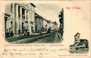 1900 Eger, Széchenyi utca (kaszinótól líceumig), szálloda, gyógyszertár, Ferenc-rendiek temploma (gyűrődések / creases)