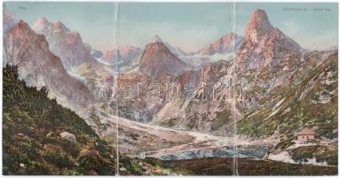 1914 Tátra, Magas-Tátra, Vysoké Tatry; Zöld-tó. Feitzinger Ede Ph. No. 792. III. 3-részes kihajtható panorámalap / Grüner See / Zelené pleso / lake. 3-tiled folding panoramacard (hajtásnál gyűrött / creased at fold)