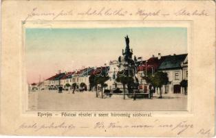 1914 Eperjes, Presov; Fő utca, Szentháromság szobor, üzletek. Cattarino S. utóda Földes Samu kiadása / main street, Holy Trinity statue, shops (Rb)