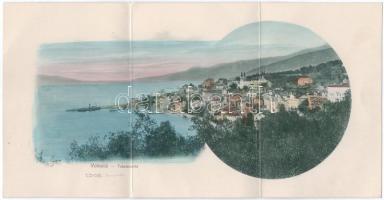 1905 Volosko, Volosca (Abbazia, Opatija); Totalansicht / 3-tiled folding panoramacard (hajtásnál gyűrött / creased at fold)