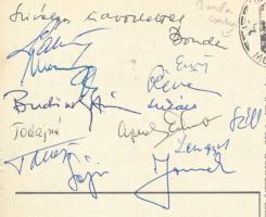 Magyar női röplabda válogatott tagjainak aláírásai képeslapon Ligeti László (1914-1994) a KPVDSZ főt...