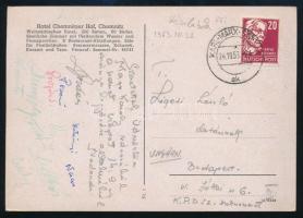 1953 Magyar férfi kosárlabda válogatott tagjainak aláírásai képeslapon Ligeti László (1914-1994) a KPVDSZ főtitkárának küldve