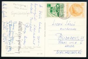 ca 1960 Magyar gyorskorcsolya válogatott tagjainak aláírásai képeslapon Ligeti László (1914-1994) a KPVDSZ főtitkárának küldve Martos, Ihász, Ladányi, Bonda, stb