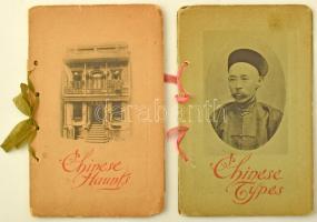 Chinese Haunts. Indelible photographs.; Chinese Types. Indelible photographs. New York, 1892., A. Wittemann, 1 sztl. lev.+12 (fekete-fehér képek) t.; 1 sztl. lev. + 12 (fekete-fehér képek) t. Angol nyelven. Kiadói zsinórfűzött, illusztrált papírkötések, az első kissé sérült borítóval, a felső lyuknál a kötés, a zsinór mentén sérült, a második szakadt borítóval és sérült fűzéssel.