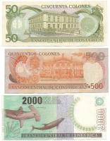 Costa Rica 1993. 50C "E széria" + 1994. 500C "D széria" + 2005. 2000C "A sz...