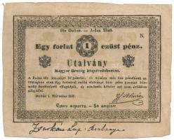 1849. 1Ft "Almásy bankó" korabeli hamisítvány, vékonyabb, nem vízjeles papíron, egyenetlen szövegképpel "N" T:VG / Hungary 1849. 1 Forint "Almásy banknote" contemporary fake, on thinner, non-watermarked paper, with uneven text "N" C:VG