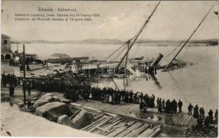 1911 Sibenik, Sebenico; Katastrofa Loydovog parab. Galatea dne 14 Travnja 1908. / Catastrofe del Piroscafo Galatea di 14 Aprile 1908. / A "GALATEA" gőzhajó elsüllyedése, hajószerencsétlenség a kikötőben / Catastrofe del Piroscafo Galatea / sunken Austrian Lloyd "GALATEA" steamship in the port, ship accident. Vlasnik Ante Bogic (ragasztónyom / glue marks)