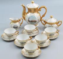 Régi német vastagon aranyozott mokkás / kávés készlet, olasz városképekkel díszítve, jelzett, kopott, teljes.