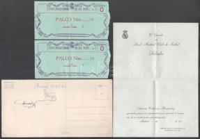 1959 Madrid, Puskás Ferenc labdarúgó aláírása képeslap hátoldalán, kitöltetlen meghívó, 2 db Real Madrid jegy