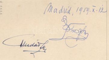 1959 Madrid, Puskás Ferenc labdarúgó aláírása képeslap hátoldalán, kitöltetlen meghívó, 2 db Real Ma...