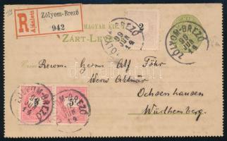 1899 Ajánlott 3kr díjjegyes zárt levelezőlap 2kr és 5kr pár díjkiegészítéssel / Registered 3kr PS-cover card with 2kr and 5kr pair additional franking "ZÓLYOM-BREZÓ" - Ochsenhausen (Germany)