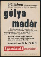 "Féllábon állva egymagában kelepel titokzatos nyelvén a sárgacsőrű gólyamadár [...]" Igmándi természetes keserűvíz kisplakát, 24×17 cm