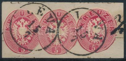 1863 3 x 5kr díjjegyes kivágása felhasználva valóban futott levélen (kivágáson). Csak az egyes felhasználást Ferchenbauer 250 Euróra árazza kivágáson! / 3 x 5kr PS-cutting on cutting. RRR! "LÉVA"
