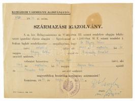 1944 Komárom, Származási igazolvány Dr. Ghyczy István szolgabíró részére, foltos, hajtott
