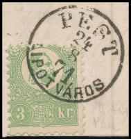 1871 Kőnyomat 3kr képbe fogazva, szép friss színű bélyeg helyi levélen / Mi 2 with shifted perforati...