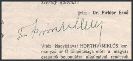 1940 "Szatmár-Németi hazatért!" - plakát Horthy Miklós rajzos mellképével és dr. Pirkler E...