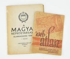 cca 1954 Zsebatlasz. Kiadja a Geodéziai és Kartográfiai Intézet (GKI). Bp., Offset-ny., 32 p. Kiadói tűzött papírkötés, kissé sérült, foltos borítóval. + 1963 A Magyar Népköztársaság Államigazgatási térképe, 1 : 500.000, Bp., Kartográfiai Vállalat, kisebb szakadásokkal, 78x116 cm