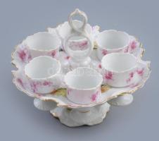 cca 1880-1900 Hatszemélyes lágytojás kínáló szett, tartójával, kopással, jelzés nélkül, d: 18 cm, m: 15 cm