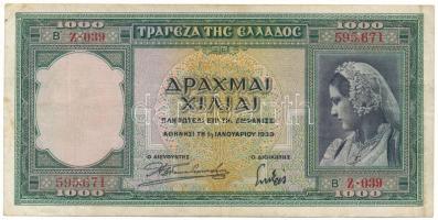 Görögország 1939. 1000Dr "Z 039 595,671" T:F, erős papír de foltos Greece 1939. 1000 Drachmai "Z 039 595,671" C:F, strong paper but spotted Krause P#111