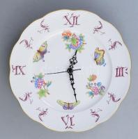 Herendi Viktória mintás porcelán falióra. Kézzel festett, jelzett, hibátlan. Az óra rész nincs kipróbálva. d: 28 cm