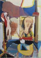 Misch Ádám (1935-1995): Lányok, 1973-74 körül. Olaj, vászon, jelezve jobbra lent, hátoldalán kissé töredékes Műcsarnok Bp. raglappal 1974-ből és Misch Ádám autográf feliratával, 70x50 cm. / Adam Misch (1935-1995): Girls, around 1973-1974. Oil on canvas, signed lower right, with Műcsarnok Budapest exhibtion label and autograph description by Adam Misch on the reverse, 70x50 cm