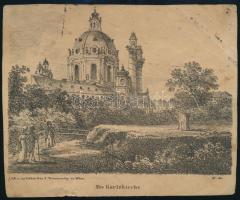 cca 1830 Die Karlskirche (A bécsi Károly-templom). Litográfia, papír, Bécs, J. Trentsensky kiadása, kis lapszéli sérüléssel, foltokkal, saroktöréssel, 16,5x20,5 cm