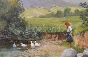 Zorkóczy Gyula (1873-1932): Libapásztorlány. Olaj, vászon, jelzett. Dekoratív fakeretben, 50×60 cm