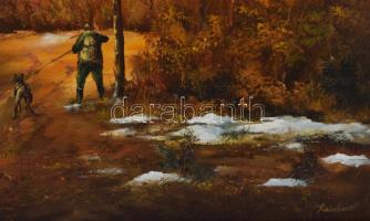 Reinhardt István (1936-): Vadászat (vadász kutyájával). Olaj, farost, jelzett, hátoldalán Reinhardt ...