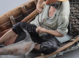 Poema Artistic Porcelain Halász figura. Jelzett, kézzel festett, hibátlan, 33x19 cm