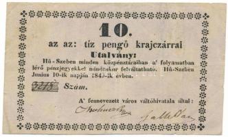 Hű-Szeben 1849. június 10. 10kr utalvány "3218" T:F / Hungary / Hű-Szeben 10th June 1849. 10 pengő krajczár "3218" C:F Adamo KSZ-2.2