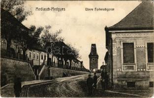 1911 Medgyes, Mediasch, Medias; Obere Forkeschgasse / utca, városkapu. Carl Breckner kiadása / street view, old tower and gate (fl)