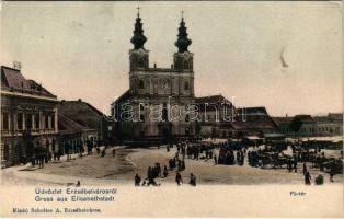 Erzsébetváros, Dumbraveni; Fő tér, piac, templom, üzletek. Scholtes A. kiadása / main square, market, church, shops (fl)