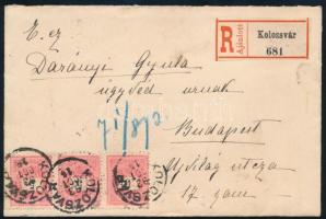 1893 5kr hármascsík képbe fogazva ajánlott levélen, Dr. Darányi Gyula ügyvédnek címezve / 5kr stripe of 3 on registered cover "KOLOZSVÁR" - Budapest