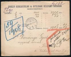 1908 Pénzes levél 1,32K bérmentesítéssel Dr. Darányi Gyula ügyvédnek címezve, az Erdélyi Kereskedelm...