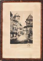 Baky Győző (1902-1972): Strasbourgi részlet. Rézkarc, papír. Jelzett. Üvegezett fakeretben. 32,5x20 cm