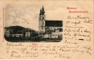 1901 Erzsébetváros, Dumbraveni; Fő tér, templom, üzletek. Scholtes A. kiadása / main square, church, shops (fl)