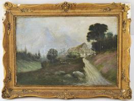 Sidlovits Kálmán (működött a XX. sz. első felében): Bacsóház a Tátraalján. Olaj, karton. Jelezve balra lent. Hátoldalán autográf felirattal. Apró felületi sérüléssel. Dekoratív, sérült fakeretben. 34,5x50 cm