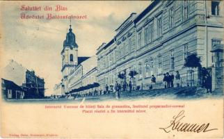 1899 (Vorläufer) Balázsfalva, Blasendorf, Blaj; Internatul Vancean de baieti Sala de gimnastica, Institutul preparandiol-normal / Piaci részlet a fiú internátustól nézve. Sinberger testvérek kiadása / market, boarding school for boys (EB)