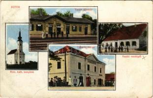 1915 Kotor, Kottori, Kotoriba; római katolikus templom, Kotor-Alsódomború vasútállomás, Takarékpénztár, vasúti vendéglő, étterem / Roman Catholic church, Kotor-Donja Dubrava railway station, savings bank, restaurant (kopott élek / worn edges)