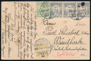1912 Képeslap 5 db céglyukasztásos Turul bélyeggel Német Délnyugat-Afrikába küldve / Postcard with 5 perfin stamps to German Southwest Africa "TEMESVÁR"